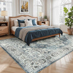 Lessymo 8x10 Vintage Medallion Rug for Living Room, Machine Washable Area Rugs for Bedroom Dining Room Under Table, Soft Low Pile Carpet with Non Slip Backing, Blue Grey/Beige