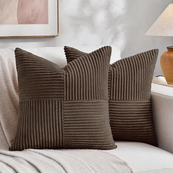 Fancy Homi 2 Packs Dark Brown Decorative Throw Pillow Covers 20x20 Inch for Living Room Couch Bed Sofa, Rustic Farmhouse Boho Home Decor, Soft Corss Corduroy Patchwork Accent Cushion Case 50x50 cm