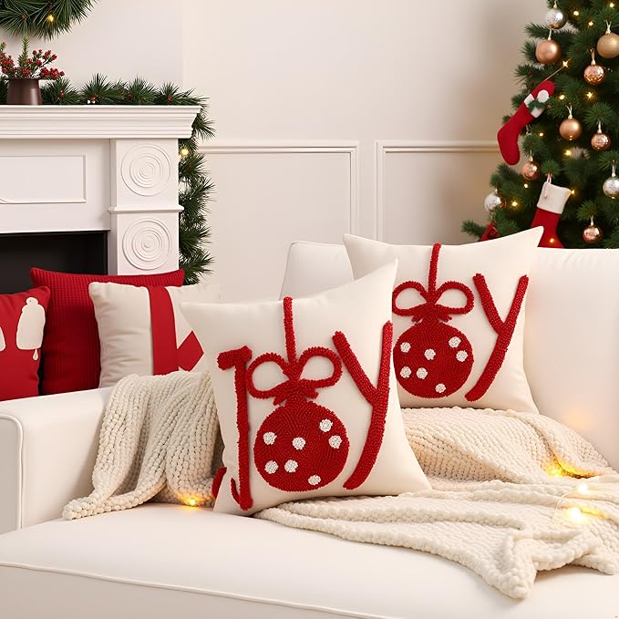Tosleo Christmas Tufted Pillow Covers 18 x 18 inch Set of 2 Red Xmas Joy Throw Pillow Cover Xmas Party Decor Winter Holiday Embroidery Cushion Case for Sofa Couch Bed Living Room