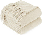 Chenille Throw Blanket for Couch with Tassels,50"X60" Soft Cozy Lightweight Knitted Boho Decorative Blankets for Bed and Sofa,Cream