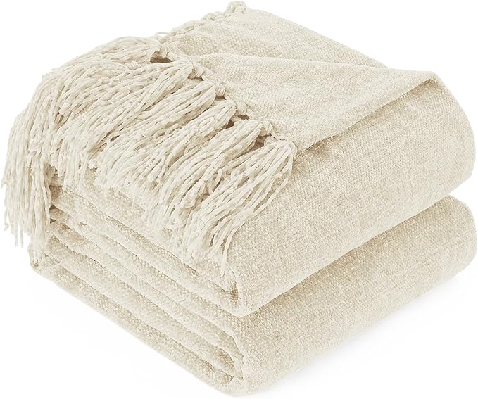 Chenille Throw Blanket for Couch with Tassels,50"X60" Soft Cozy Lightweight Knitted Boho Decorative Blankets for Bed and Sofa,Cream