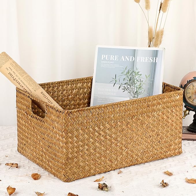Hipiwe Seagrass Storage Baskets Bin for Shelf Handwoven Wicker Baskets Built-in Handles Rectangular Closet Bedroom Organizer Box Multipurpose Woven Basket Bins,14.6"x 10.6"x 7.1"