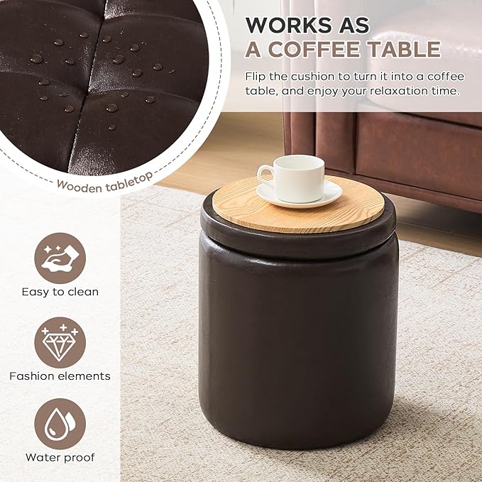 Round Set of 2 14.76" L x 14.76" W x 17.32" H Faux Leather Ottoman with Storage, Small Foot Rest Storage Ottomen with Lid Living Room, Bedroom Vanity Stool Chair, Coffee