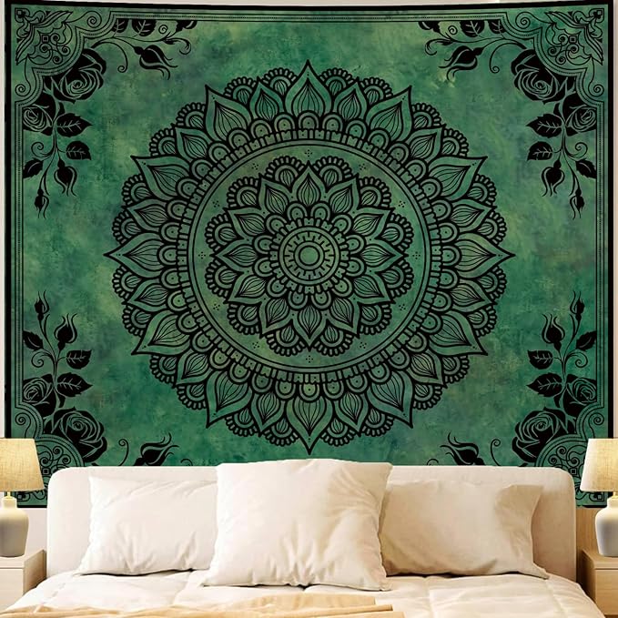Apdidl Extra Large Green Boho Mandala Tapestry for Bedroom Aesthetic, Hippie Indian Vintage Floral Decor Wall Hanging, Bohemian Ceiling Flower Plants Art Backdrop Wall Tapestries for Dorm Living Room 71"X90"