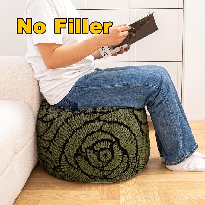 Asuprui Fluffy Flower Pouf Ottoman Cover Only – 20"x14" Round Plush Fuzzy Pouf Shell for Footrest, Stool or Floor Seat, Soft Removable Home Decor (No Insert Included) (Green)