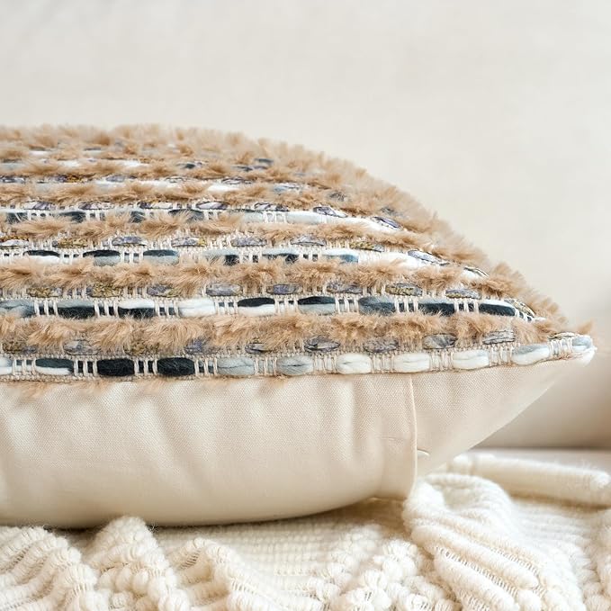 Aeckself Handmade Boho Chenille Tufted Pillow Cover 18x18 Inch, Decorative Square Throw Pillow Cover Neutral Pillowcase for Couch Bedroom Living Room, Brown Blue
