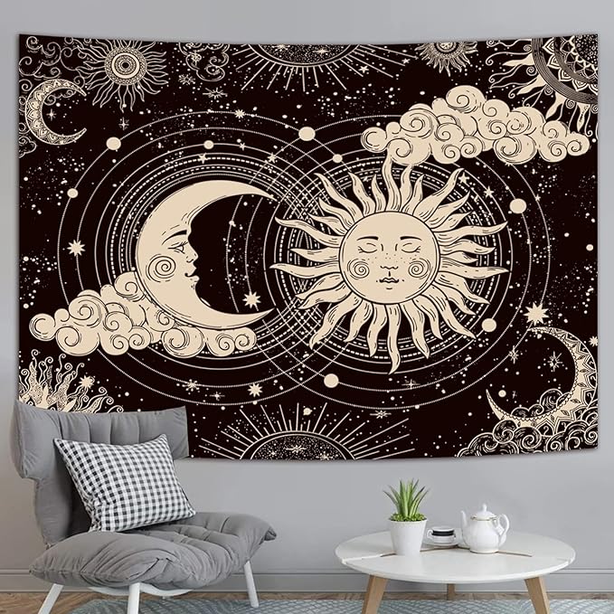 Wonrizon Sun and Moon Tapestry, Aesthetic Black Dark Spiritual Tapestries Mystic Burning Sun with Clouds Star Wall Hanging decor for Bedroom (70.9" x 94.5")