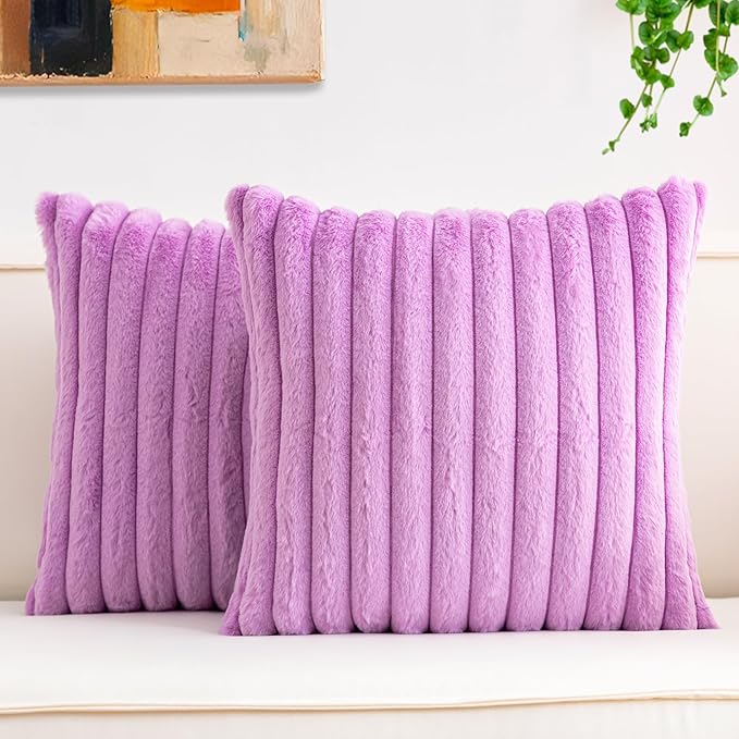Pack of 2 Faux Fur Fall Throw Pillow Covers 20x20 Inch, Soft Plush Striped Neutral Couch Pillow Cover, with Velvet Back Modern Home Decor for Sofa Living Room Couch Bed Purple