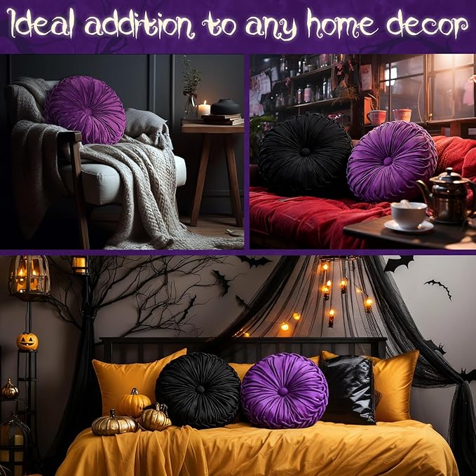 2 Pcs Round Throw Pillows 15 Inch Decorative Velvet Pleated Pumpkin Pillows Boho Floor Pillow with Center Button for Living Room Couch Chair Bed Sofa Home Decoration (Black and Purple)