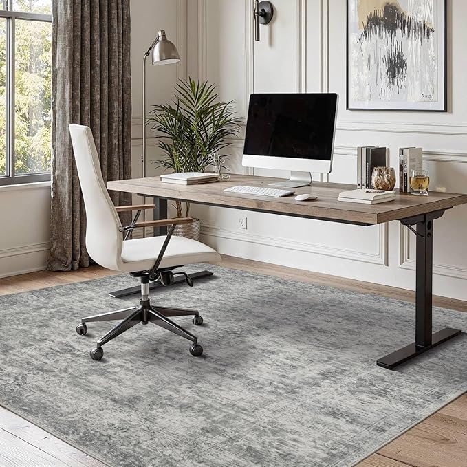4x6 Area Rugs for Living Room Bedroom, Large Washable Rug, Grey Vintage Abstract Boho Rug, Non Slip & Low Pile Wool Carpet for Indoor Dining Room, Farmhouse, Kids Room and Office(Grey 4x6ft)