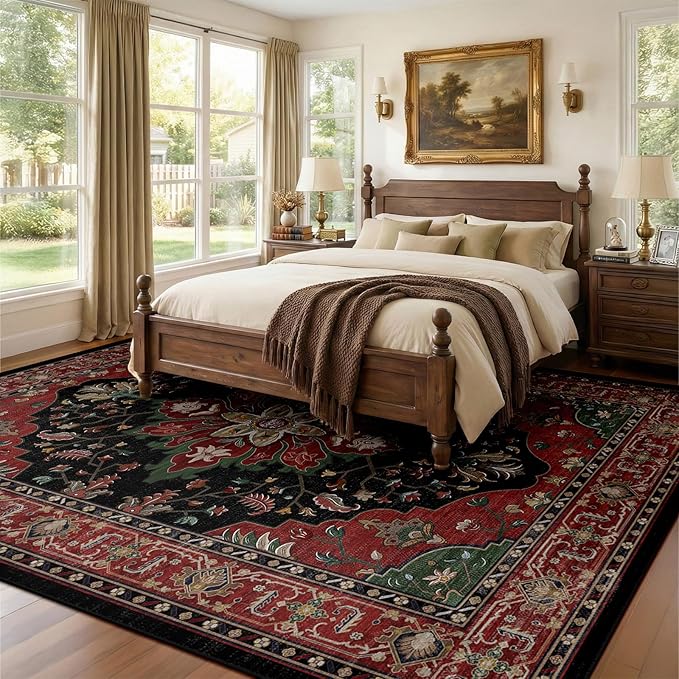 Area Rugs 9'x12' Washable Non-Slip, Floral Vintage Distress Print Pattern Medallion Carpet for Living Room Bedroom Dining Room, Red Black