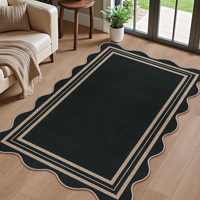 Easy Jute 3x5 Outdoor Patio Rug, Washable Rugs for Entryway Black Modern Indoor Kitchen Rugs, Farmhouse Neutral Non Slip Scalloped Carpet for Living Room Backyard