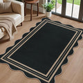 Easy Jute 3x5 Outdoor Patio Rug, Washable Rugs for Entryway Black Modern Indoor Kitchen Rugs, Farmhouse Neutral Non Slip Scalloped Carpet for Living Room Backyard