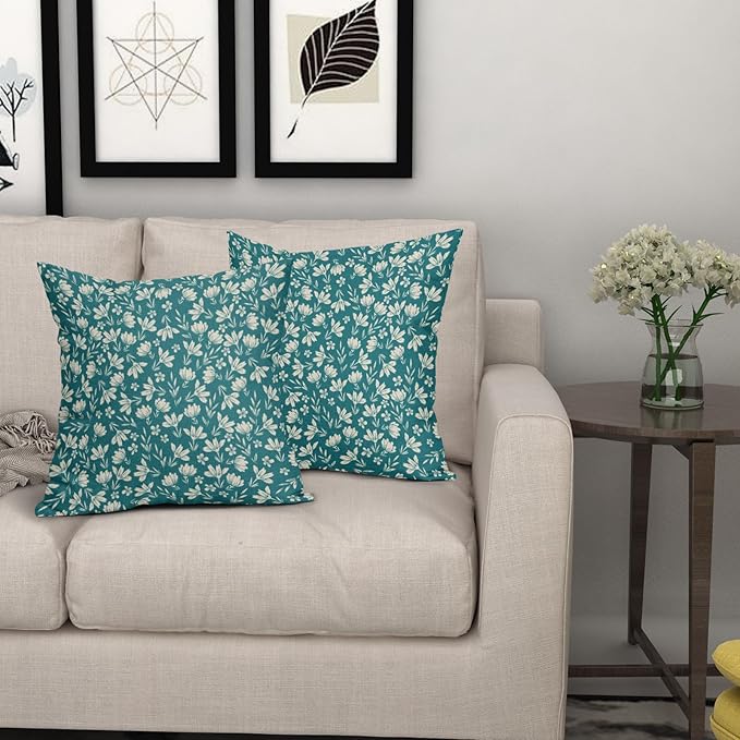 Teal Pillow Covers 20x20 Set of 2 Vintage Floral Rustic Old Style Cute Flower Print Decorative Outdoor Pillowcases Seasonal Farmhouse Throw Cushion Case Decor for Couch Sofa Bed