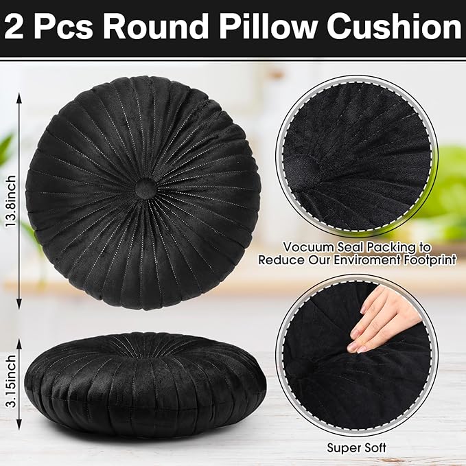 Namalu 2 Pcs Round Throw Pillow 13.8 Inch Decorative Round Velvet Floor Pillows Pumpkin Throw Pillows with Center Button for Thanksgiving Home Decor Living Room Sofa Couch Bed Chair (Black)