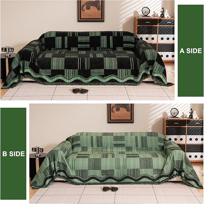 ROOMLIFE Ink Green Sofa Cover, Vintage Boho Couch Cover for 3 Cushion Sofa, Non Slip Chenille Sofa Slipcovers for Dog, Washable Furniture Sofa Protector Cover with Tassel for Living Room, 71''X118”