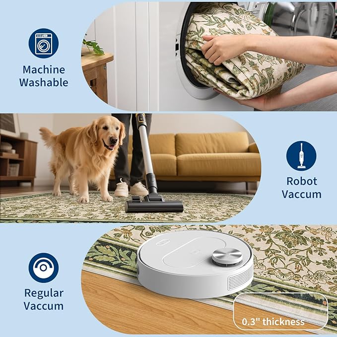 GarveeHome Washable Rug 9x12 Area Rugs for Living Room, Boho Rug Non Slip Vintage Low Pile Large Rugs for Bedroom Stain Resistance Non-Shedding Throw Carpet for Office Light Green