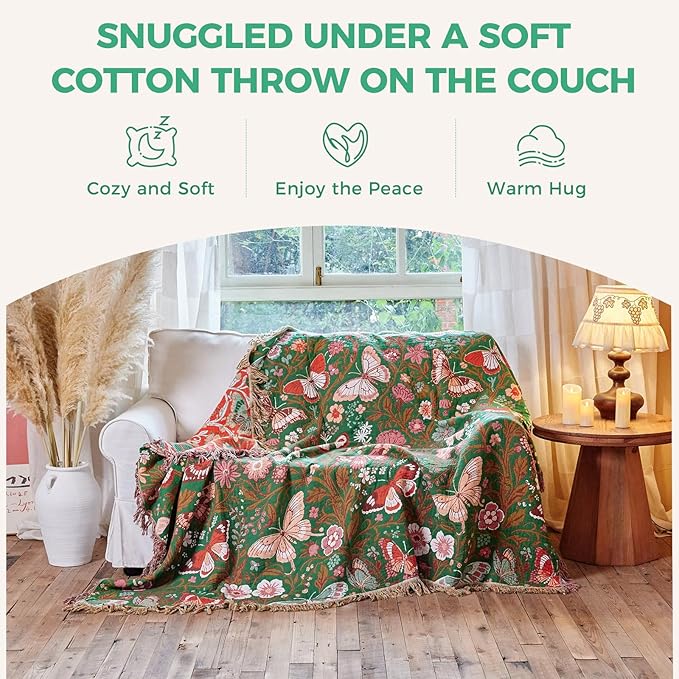 Boho Throw Blanket for Bed Cotton Blankets for Bedroom Living Room Twin All Season Lightweight Butterflies Embroidery Quilt for Couch Sofa Chair 60"x80"