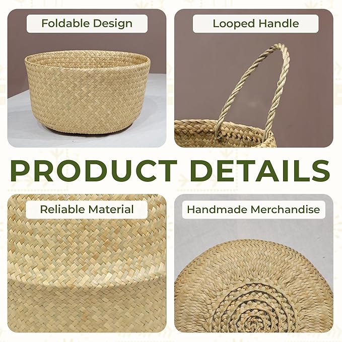 Seagrass Plant Basket Set of 3 with Handles – Handwoven Woven Basket Planter, Indoor Plant Basket & Plant Holder Basket, Natural Fiber Wicker Plant Pot Basket for Boho Farmhouse Home Decor