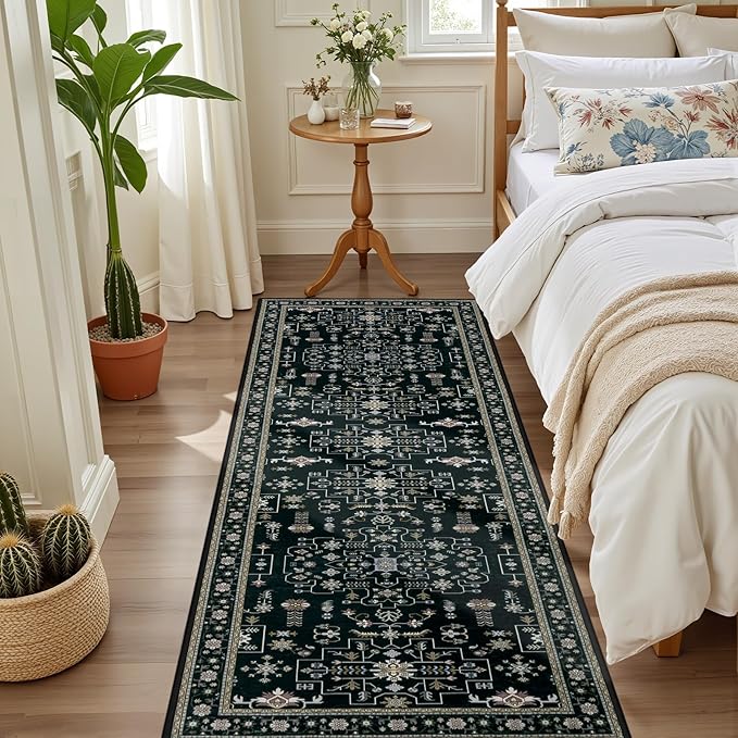 Hallway Runner Rug Non Slip - Washable 2.6x8 Kitchen Rugs for Living Room, Low-Pile Soft Bedroom Rug Indoor Floor Stain Resistant Carpets for Entryway, Laundry, Bathroom Black