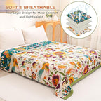 Boho Throw Blanket for Bed Couch 100% Cotton Ultra Soft Large Rustic Quilt King Blanket,Bird Floral Printed Farmhouse Bed Blankets 90"×98", Decorative Reversible Muslin Bed Cover for All Seasons