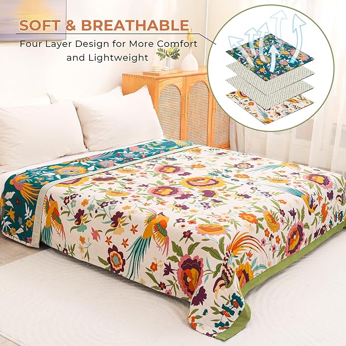 Boho Throw Blanket for Bed Couch Sofa,100% Cotton Ultra Soft Large Throw Blanket,Floral Bird Decor Bed Blankets 60"×80",Decorative Reversible Muslin Bed Cover for All Seasons