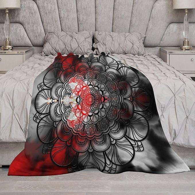 Black Red Mandala Throw Blanket Abstract Yellow Red Black Boho Floral Modern Blanket for Sofa Bed Couch Chair Or Dorm 50"x60"