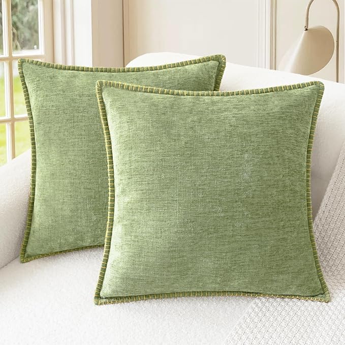 CaliTime Throw Pillow Covers Decorative 22 X 22 Inches Pack of 2 Cotton Thread Stitching Edges Solid Dyed Soft Chenille Cushion Cases for Couch Sofa Bed Living Room Farmhouse Sage Green