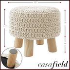 Casafield Pouf Ottoman Footstool, 13" Round x 11" High, Hand-Knitted Cotton Footrest, Non-Skid Wood Legs, Boho Foot Stool for Living Room, Bedroom (Natural)