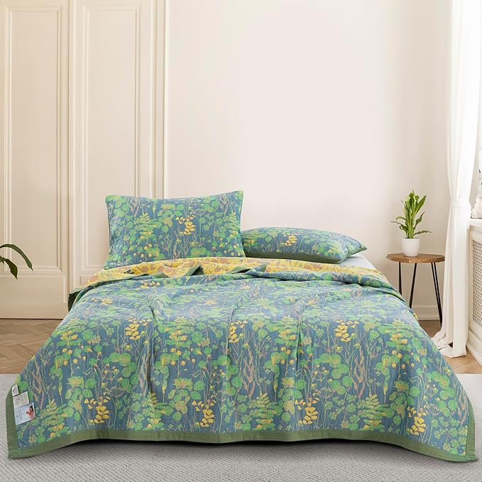 100% Cotton Muslin Botanical Blanket Jacquard Floral Plants Pattern Quilt, Soft Bed Cover Lightweight Breathable Gauzy Reversible Bedspread Coverlet Full/Queen(78"x94"), No Pillow Sham