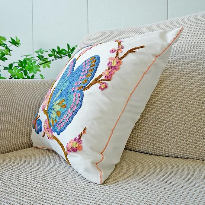 vctops Floral Butterfly Embroidered Pillow Covers 18x18 Inch Spring Summer Cotton Tufted Throw Pillow Cover Outdoor Garden Cushion Case for Sofa, Bed, Living Room (Butterfly,18"x18")