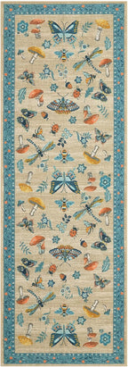 Mushroom Insect 2x6 Runner Rug for Hallway Washable Kitchen Rugs Non Slip with Rubber Back Khaki Blue Low-Pile Stain Resistant Indoor Carpet for Entryway Bathroom Laundry Dorm