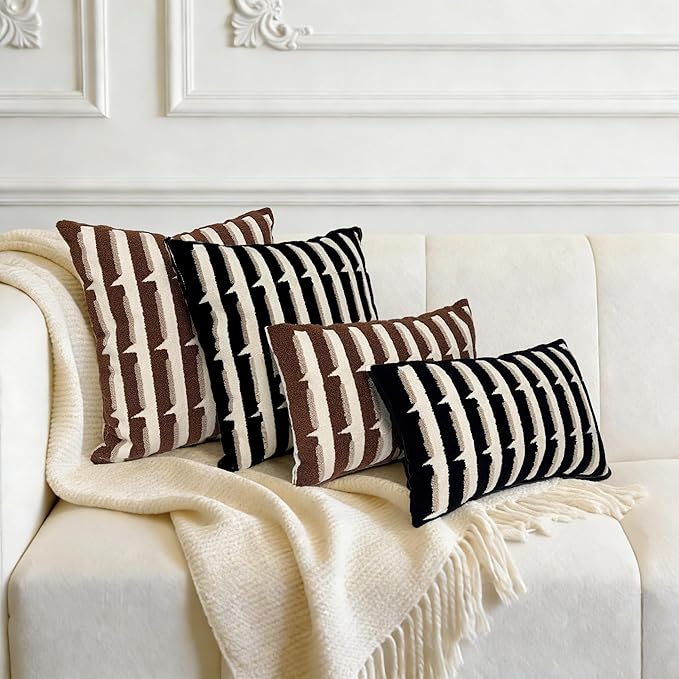 20"x20" Black Cream Stripe Tufted Pillow Covers Luxury Geometric Accent Pillows Soft Woven Decorative Pillow Cases for Couch, Sofa, Bedroom Décor (Black, 20"×12")