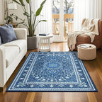 Lessymo 3 x 5 Area Rugs for Living Room- Machine Washable Area Rugs Boho Faux Wool Low Pile Area Rug for Bedroom Floral Medallion Vintage Rugs with Non-Slip Rubber, Kid & Pet Friendly,Blue White