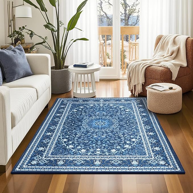 Lessymo 3 x 5 Area Rugs for Living Room- Machine Washable Area Rugs Boho Faux Wool Low Pile Area Rug for Bedroom Floral Medallion Vintage Rugs with Non-Slip Rubber, Kid & Pet Friendly,Blue White