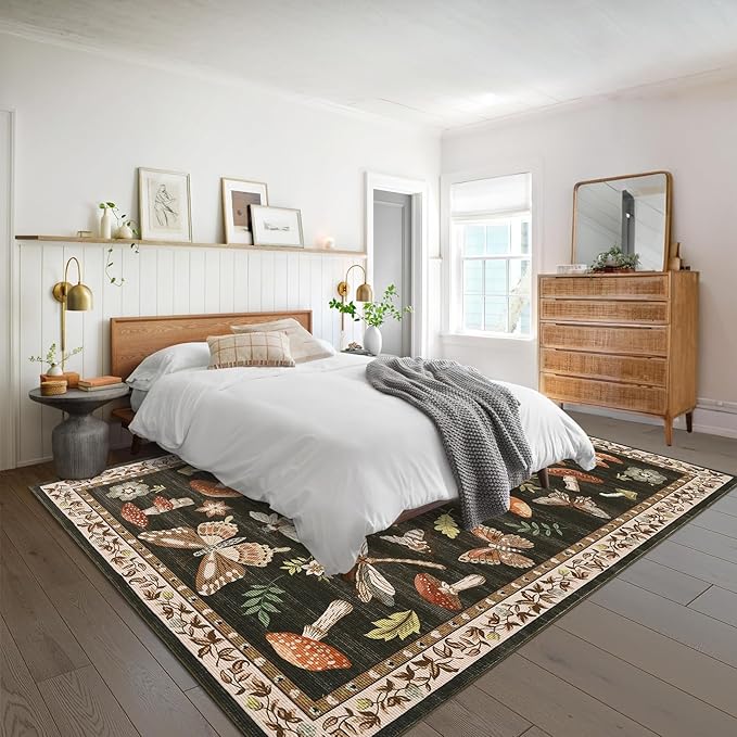 Mushroom Washable Rug 5x7 Area Rugs for Living Room, Insect Print Rug for Bedroom, Non Slip Throw Carpet with Rubber Back, Soft Low Pile Dining Room, Brown