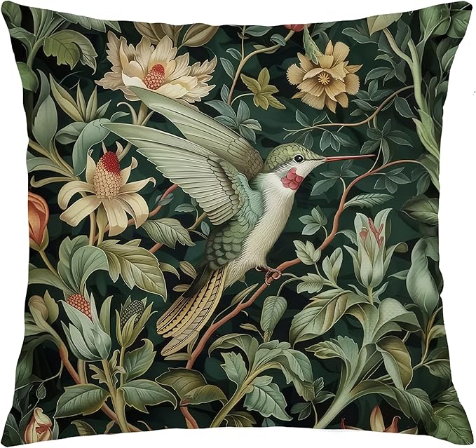 Vintage William Morris Hummingbird Pillow Cover 18x18,Rustic Green Hummingbird Bird Animal Floral Botanical Print Decorative Throw Pillow Covers for Home Bedroom Living Room