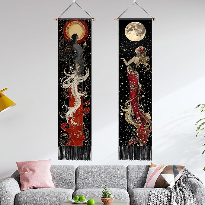 AOHMPT Pack of 2 Long Vertical Tapestry,Nature Landscape Tapestry with Serene Mountain River, Moon & Sun Motifs,Traditional Ink Painting Wall Art , Zen Aesthetic Wall Hanging for Living Room Bedroom Decor 13" W x 51" H"
