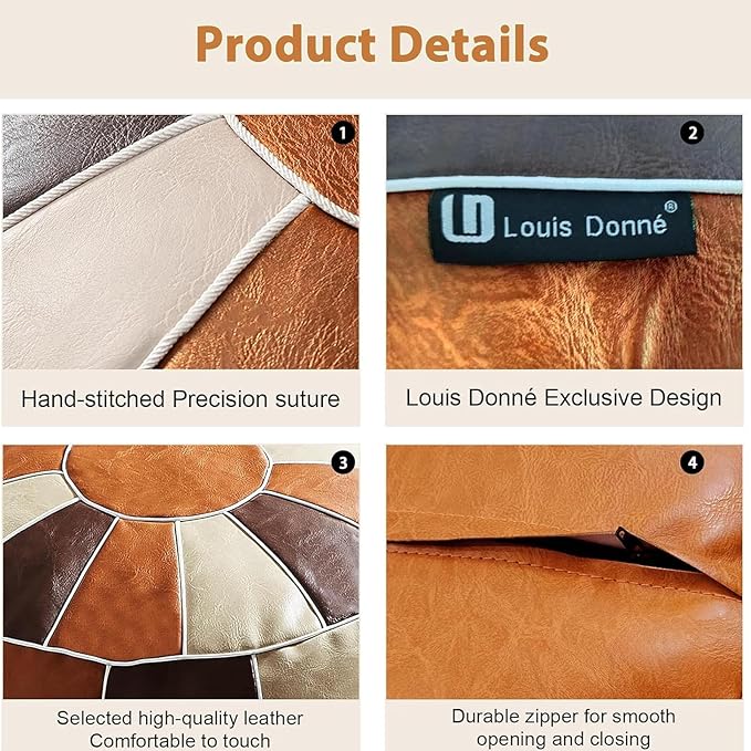 Louis Donné UNSTUFFED Pouf Ottoman Cover, Faux Leather Foot Stool for Foot Rest, Moroccan Style Pouffe Ottomans, 21" Round Handmade Small Bean Bag Covers for Storage, Footstools for Living Room