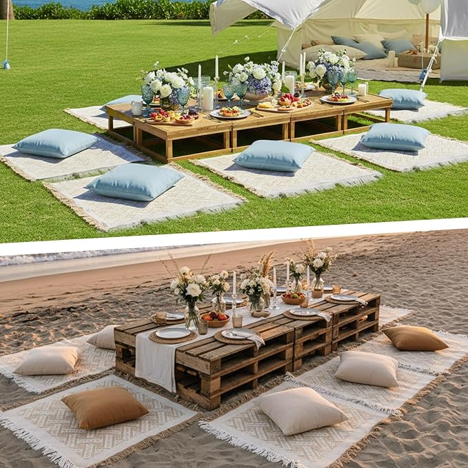 8 Pcs Outdoor Picnic Blanket 35"x35" Boho Blanket Woven Cotton Yarn Portable Mat Plaid with Fringe Washable for Picnic Party Camping Beach Travel Lawn Indoor Bohemia Decor (Beige)