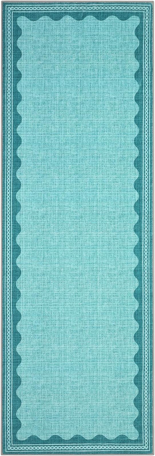 Scalloped Teal 2.5x8 Runner Rug for Hallway Washable Kitchen Rugs Non Slip Solid Modern Soft Low-Pile Indoor Carpet for Entryway Laundry Room Floor Mats TPE Backing