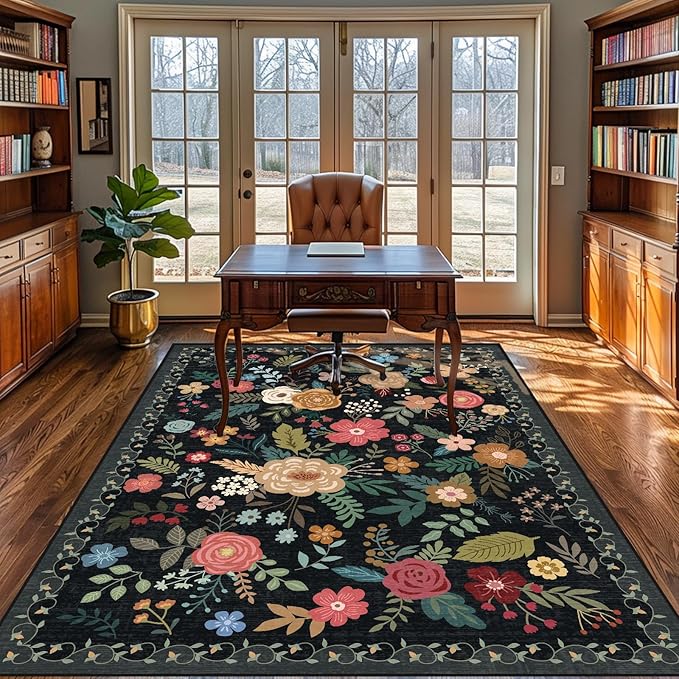 5x7 Area Rug, Floral Rugs for Living Room, Stain-Resistant Washable Bedroom Rug, Non-Slip Area Rugs for Dining Room Under Table, Indoor Carpet for Home Office (5 x 7 Black)