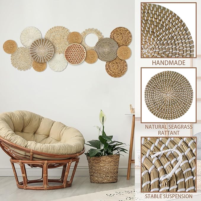 Xuhal 15 Pcs Boho Wall Basket Decor Handcrafted Seagrass Woven Wall Basket Rustic Round Woven Hanging Art for Home Farmhouse Kitchen Table Living Room(Fresh Style)