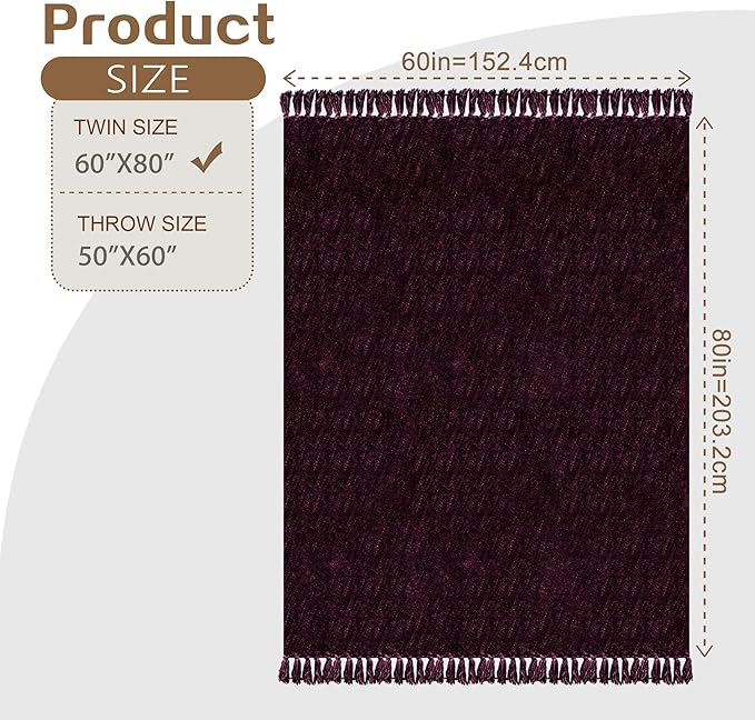 Chenille Throw Blanket for Couch with Tassels,60"X80" Soft Cozy Lightweight Knitted Boho Decorative Blankets for Bed and Sofa,Aubergine