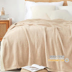 Snuggle Sac Beige Bedding Blankets Queen Size 90x90 inches, Reversible Microfiber Fluffy Fuzzy Soft Throw Cozy Knit Blanket for Women Mothers Birthday Gifts