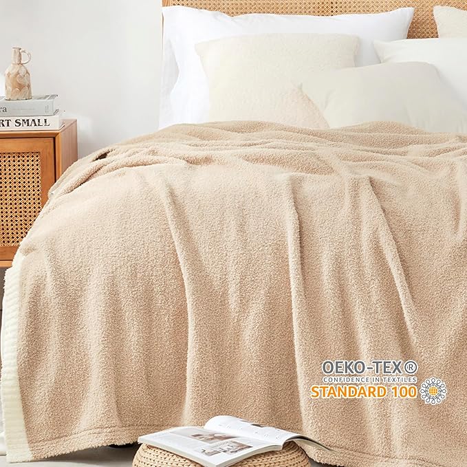 Snuggle Sac Beige Bedding Blankets Queen Size 90x90 inches, Reversible Microfiber Fluffy Fuzzy Soft Throw Cozy Knit Blanket for Women Mothers Birthday Gifts