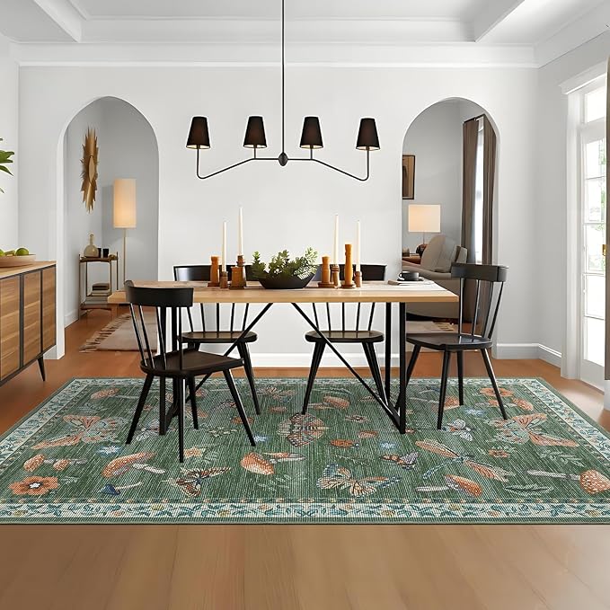 Mushroom Washable Area Rug 6x9 Rugs for Living Room Soft Low-Pile Stain Resistant Thin Carpet for Bedroom Dining Nursery Non Slip Mat with Rubber Green