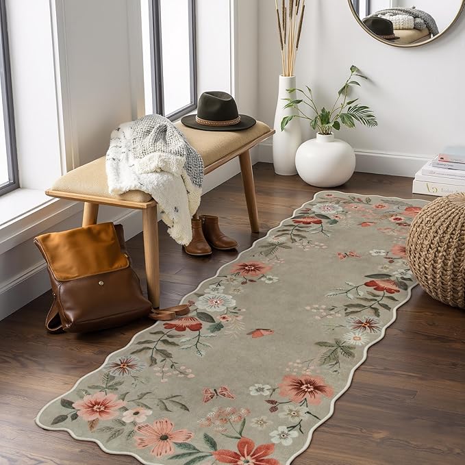 Lahome Floral Kitchen Runner, 2x5 Soft Washable Runner Rug Non Slip, Ultra-Thin Hallway Rug Stain Resistant Boho Carpet for ‎Laundry Bathroom Bedroom Flore (2x5ft,Brown)