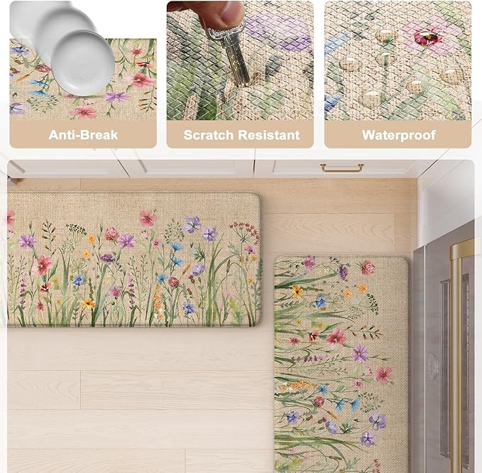 KIMODE Anti Fatigue Kitchen Mat, 17"x47"+17"x29" Floral Kitchen Rugs Sets of 2, Farmhouse Kitchen Floor Mats Non-Slip Cushioned, Comfort Standing Desk Mat for Sink, Laundry,Home Brown