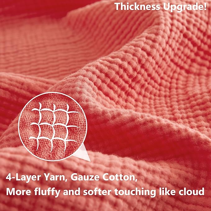 Simple&Opulence Cotton Muslin Throw Blanket 4 Layers for Bed, Couch, Woven Gauze Blanket with Tassels, Soft Lightweight Cozy Pre-Washed Breathable Farmhouse Decoration for All-Season(Coral)